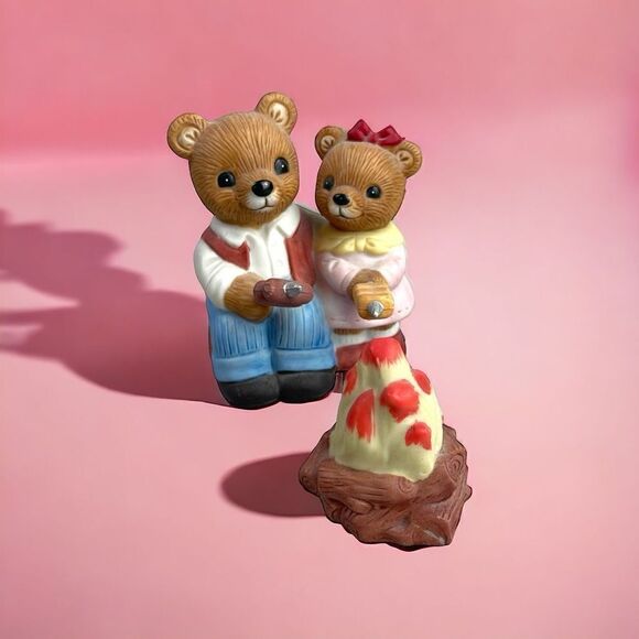 Homco #1446 Campfire Bear Couple Figurine Set of 2 Marshmallows & Hotdogs - Picture 1 of 9